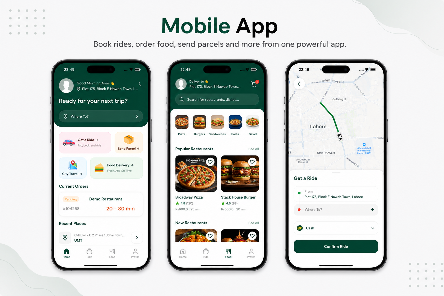 Rider app home screen with rides, food, parcels, and city travel