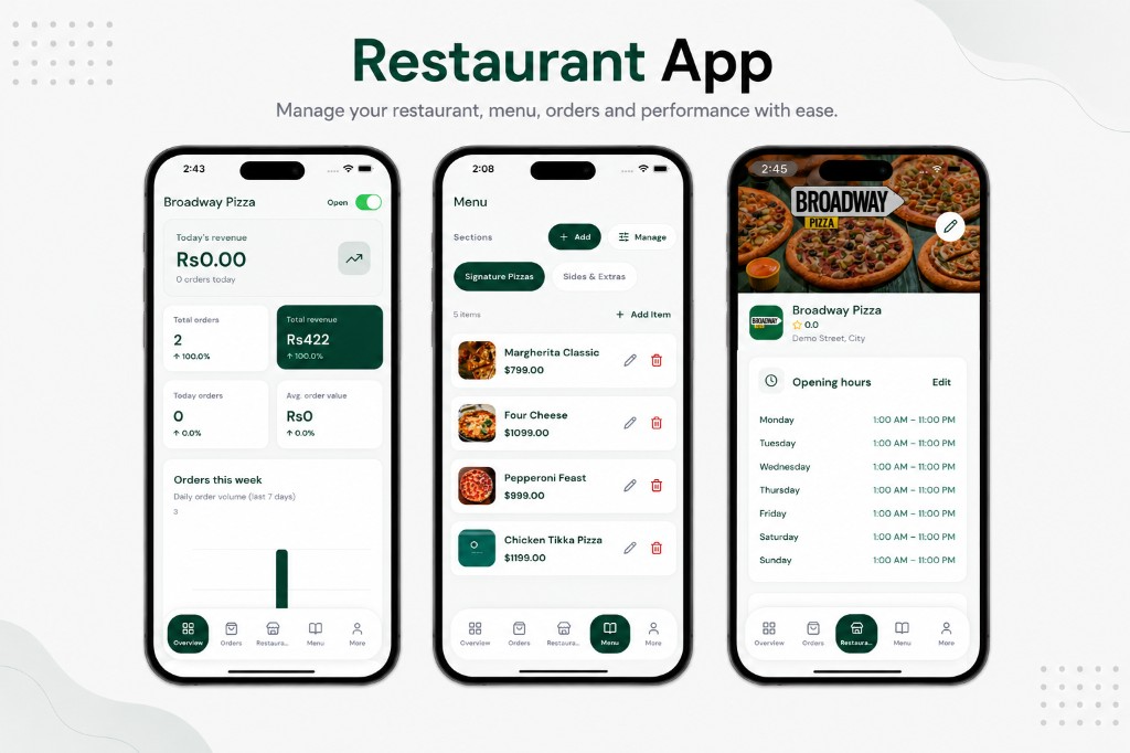 Restaurant partner app — overview dashboard, menu management, and restaurant profile