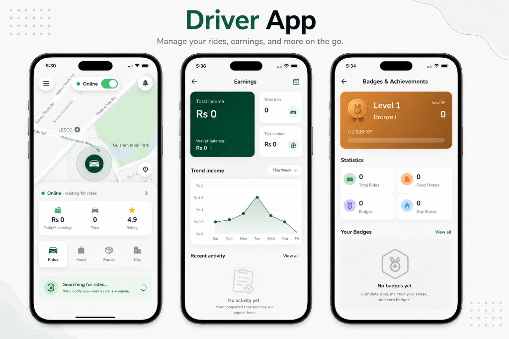 Driver app — home map with online toggle and draggable sheet, earnings screen, and badges